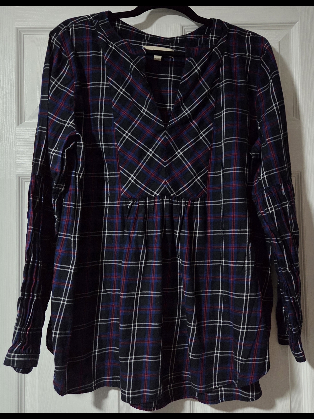 LOFT Navy, Red and White Plaid Tunic Top
